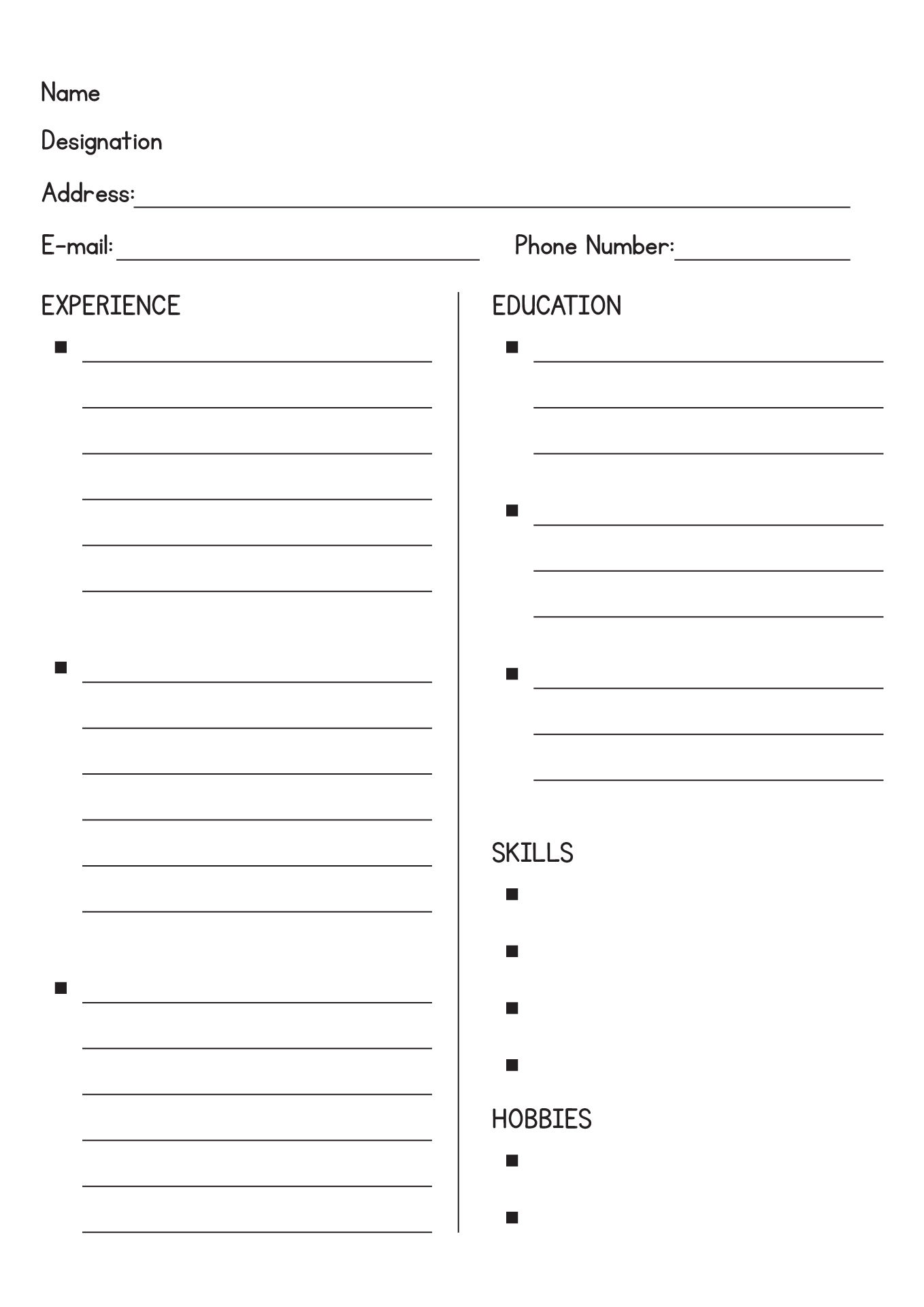 blank resume template worksheet