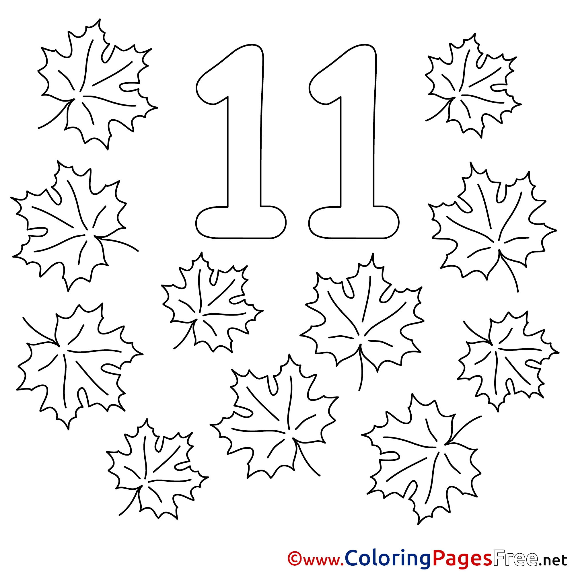 11 Leaves Colouring Page Numbers Free