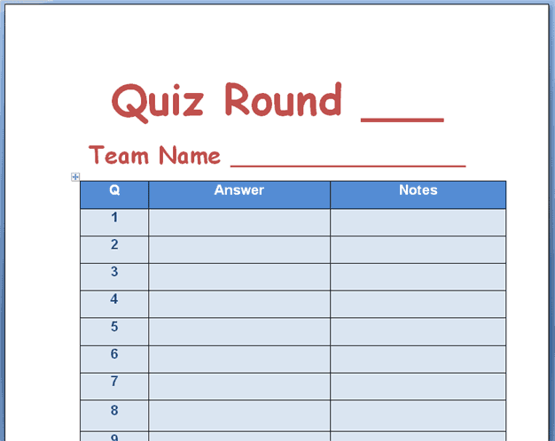 blank quiz sheet template