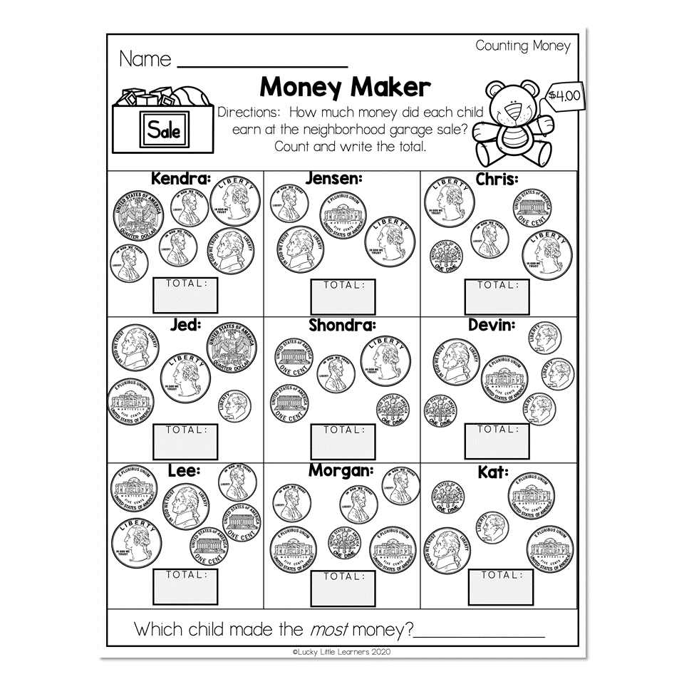 money counting worksheets for kids