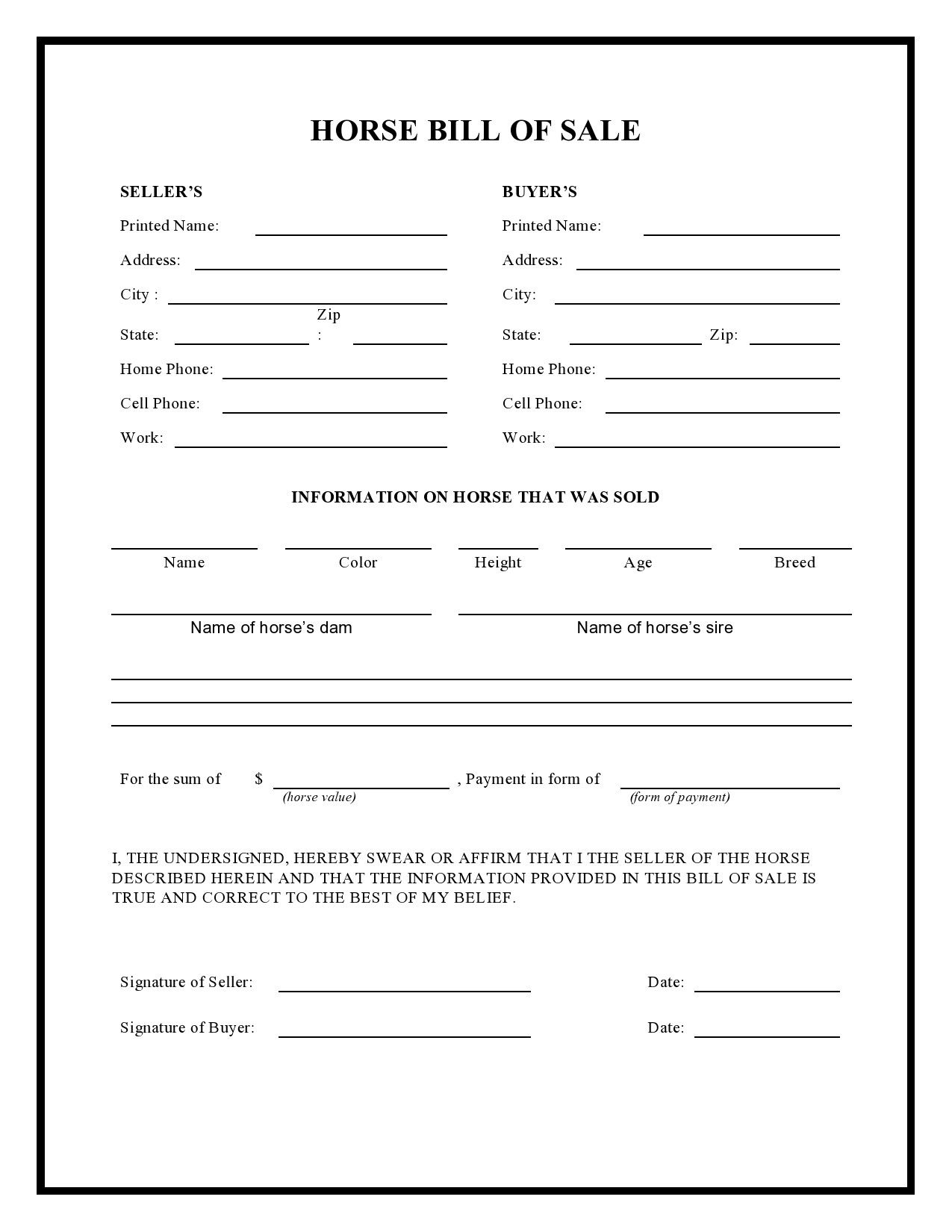 42 Printable Horse Bill Of Sale Forms TemplateLab