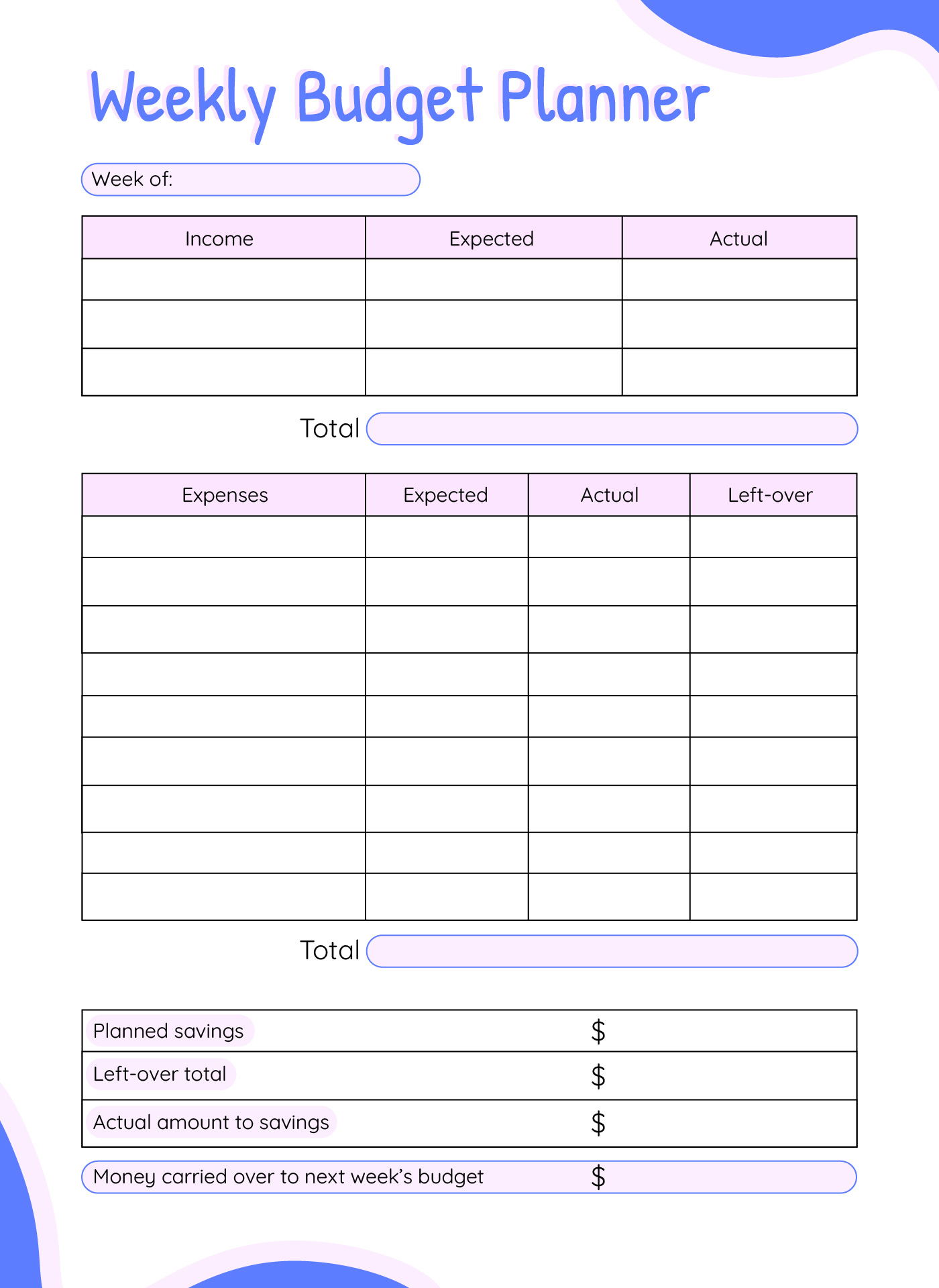 blank printable weekly budget worksheet