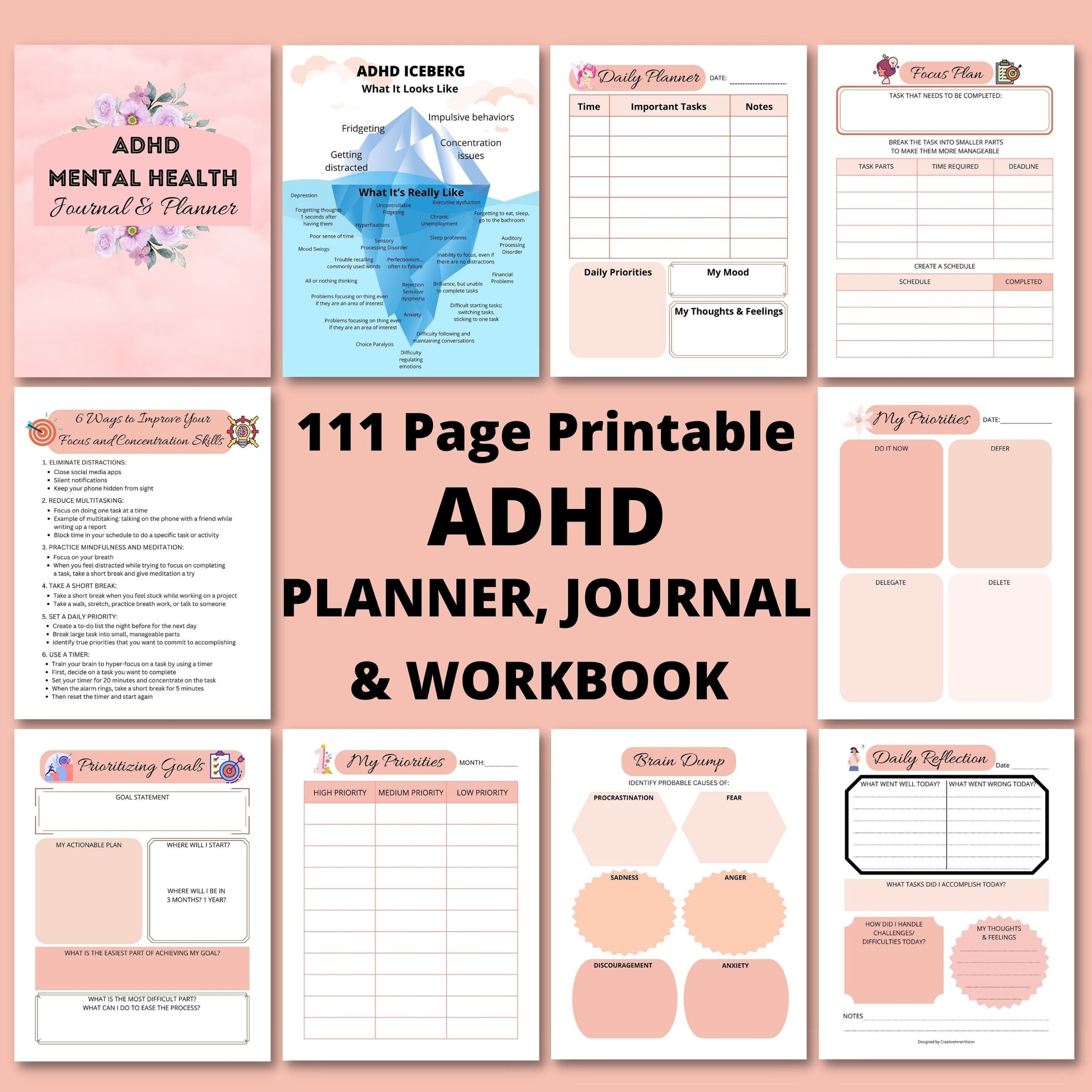 ADHD Planner Printable ADHD Workbook And Journal CBT Anxiety Etsy