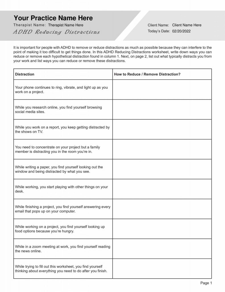 ADHD Reducing Distractions Worksheet Editable Fillable Printable PDF