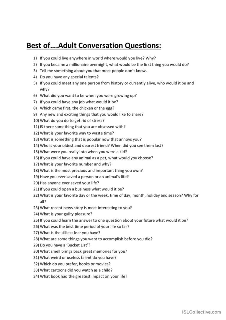Adult Conversation Starters English ESL Worksheets Pdf Doc