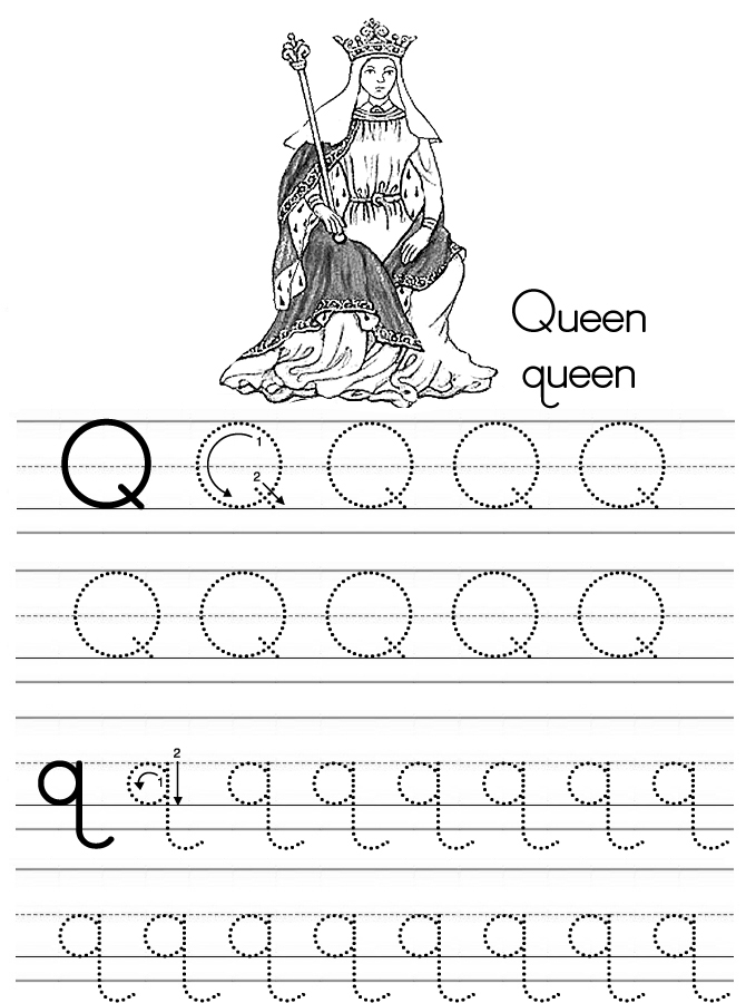 Alphabet ABC Letter Q Queen Coloring Page
