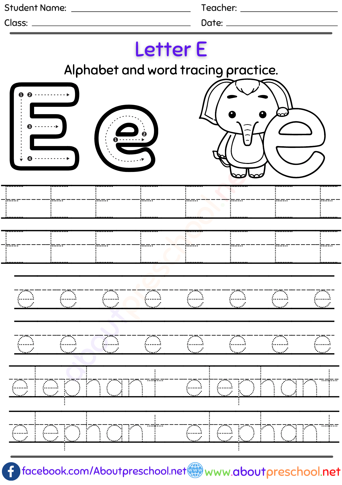 letter e tracing worksheets