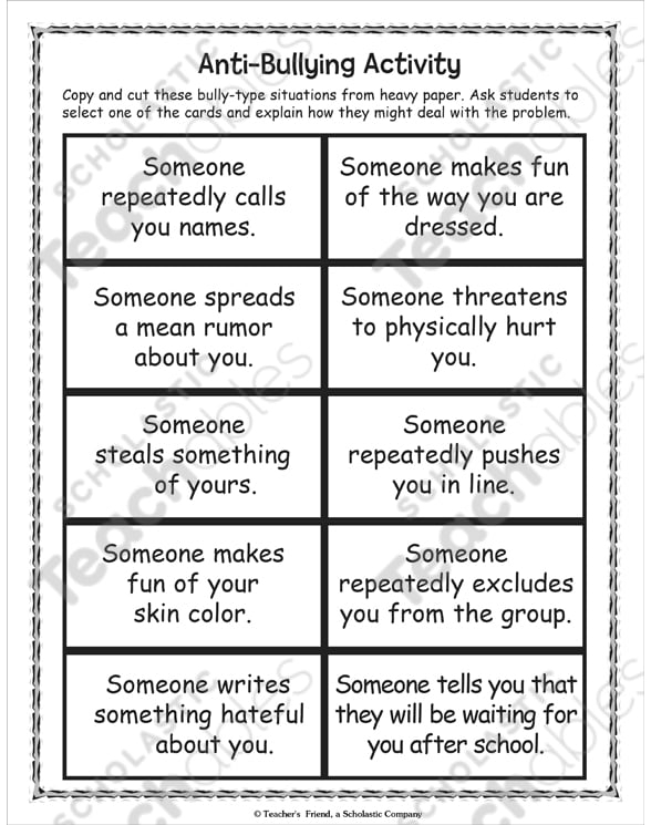 Anti Bullying Activity Social Situations Printable Lesson Plans 