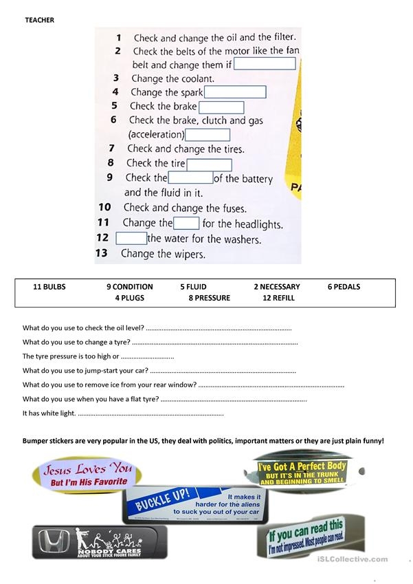 automotive worksheets free