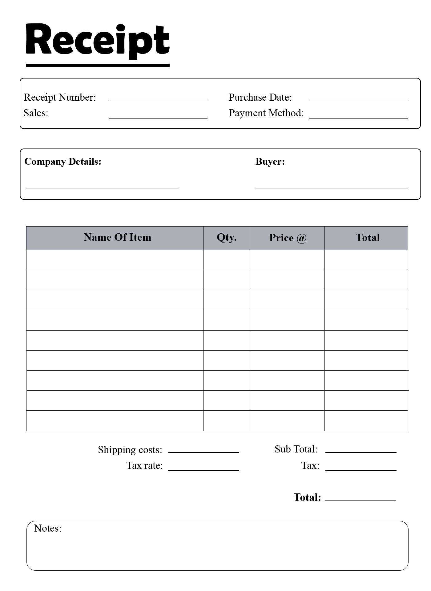 Blank Receipt Form Printable Printable Forms Free Online