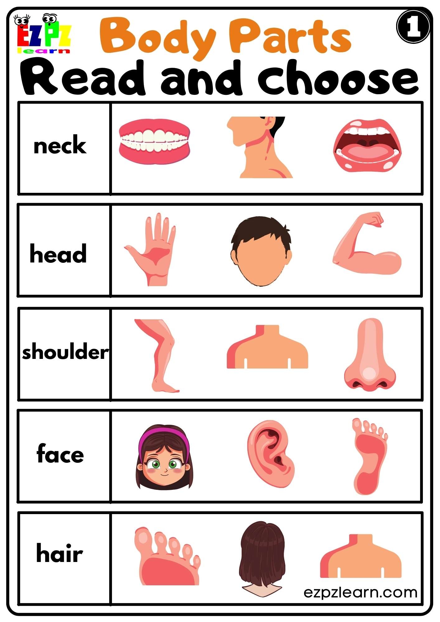 Body Parts Read And Choose Worksheets For Kids And ESL PDF 