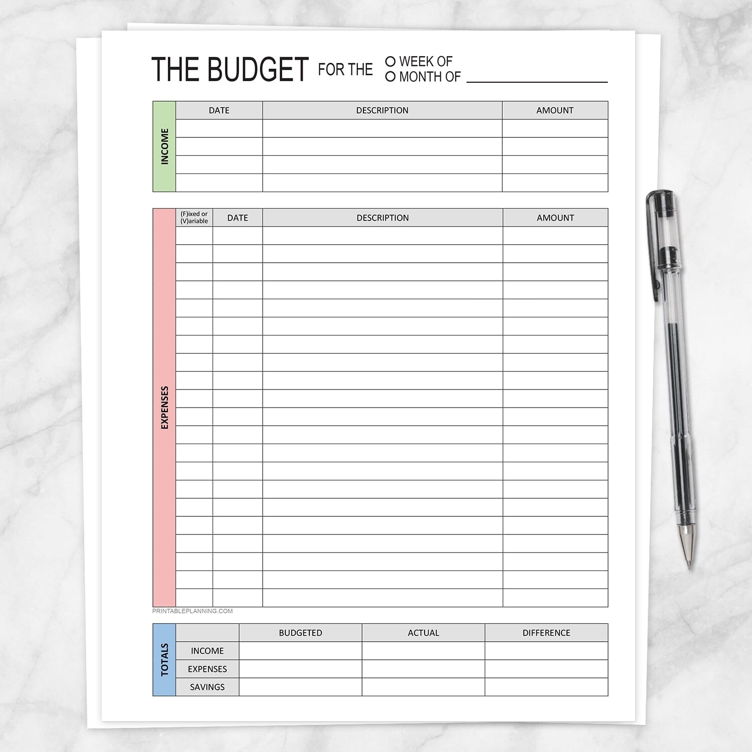Budget Worksheet Weekly Or Monthly Green Red Blue Printable 