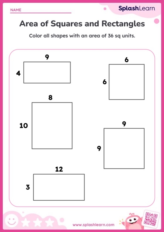 Calculate Area Of Rectangles And Color The Shapes Printable Math 