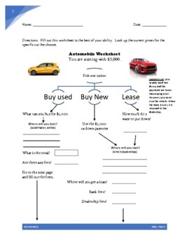 buying a car worksheet
