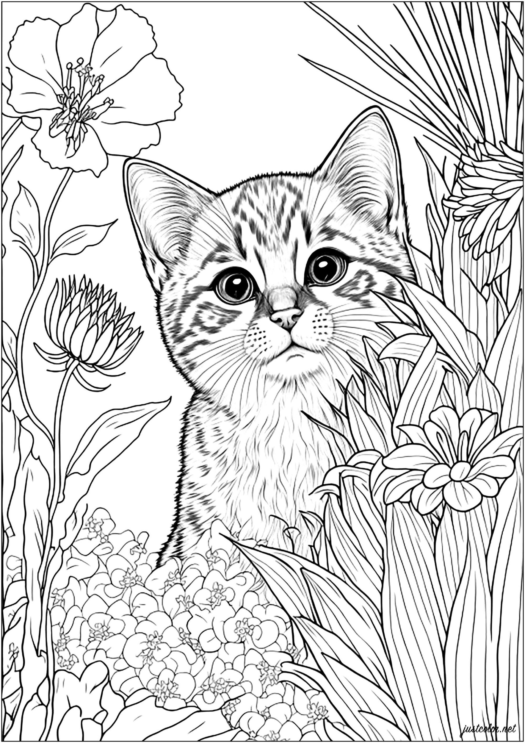 Cat Behind Flowers Coloring Page Free Printable