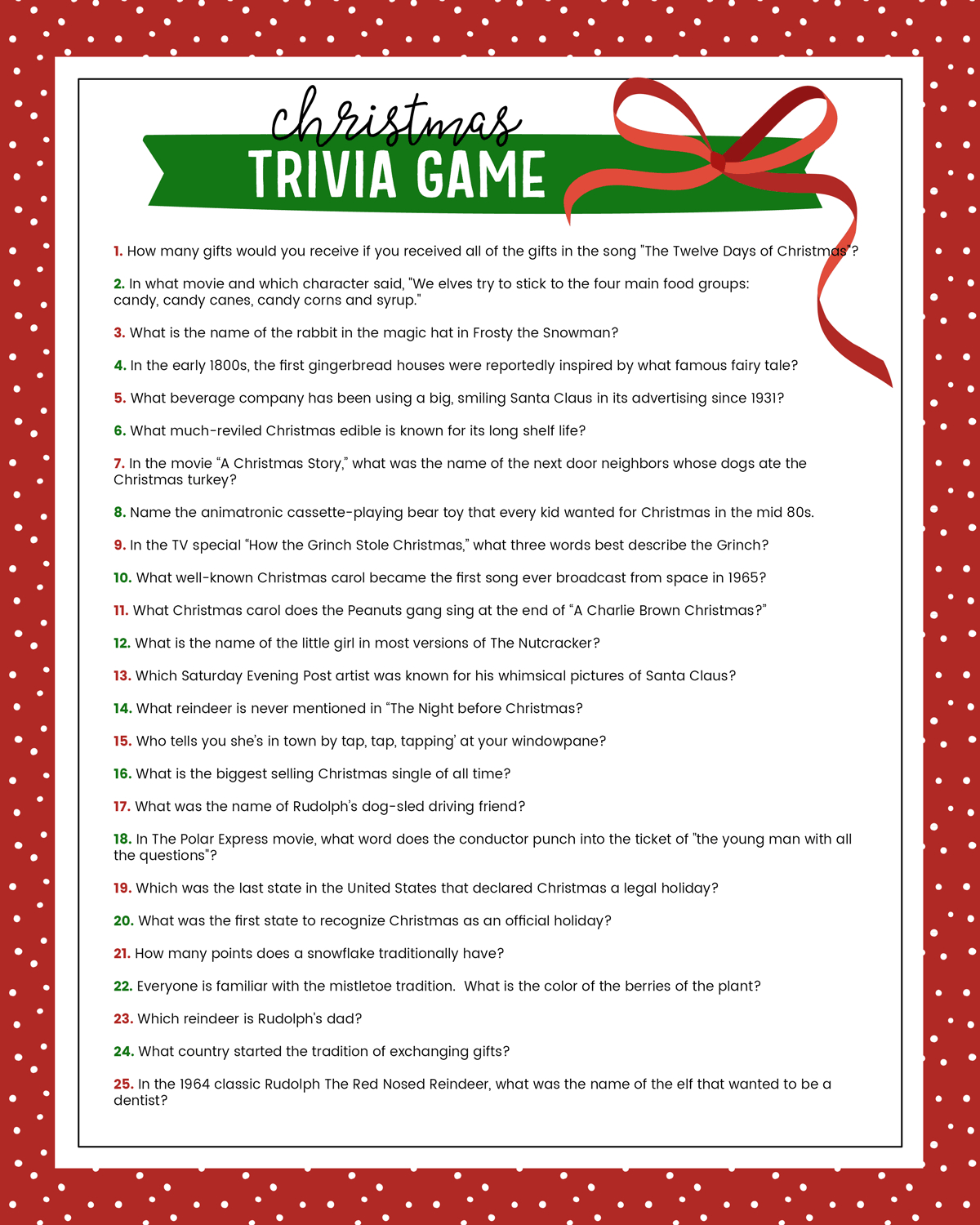 Christmas Trivia Games Printable FREE Printable A Z