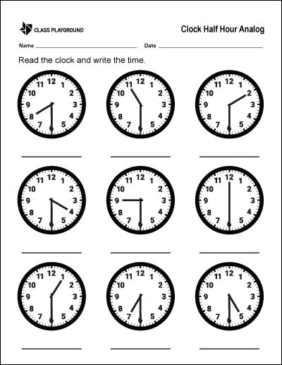Clock Hours And Half Hour Worksheets