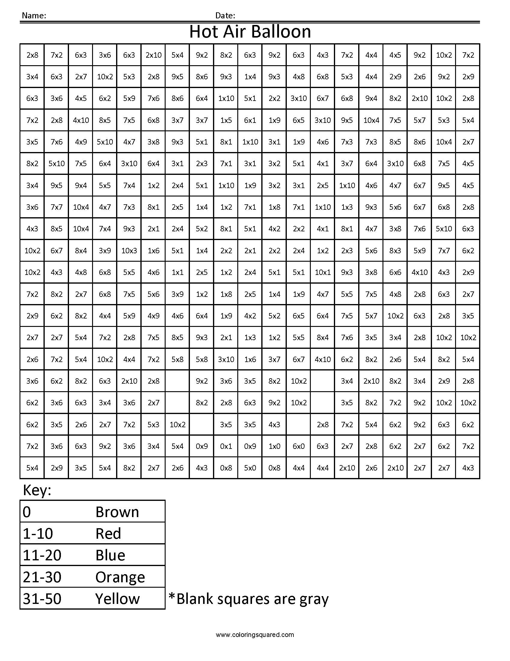 Coloring Squares Multiplication Coloring Pages