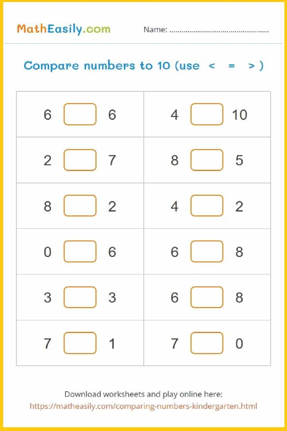 Comparing Numbers Worksheets For Kindergarten Math Crossword Puzzles