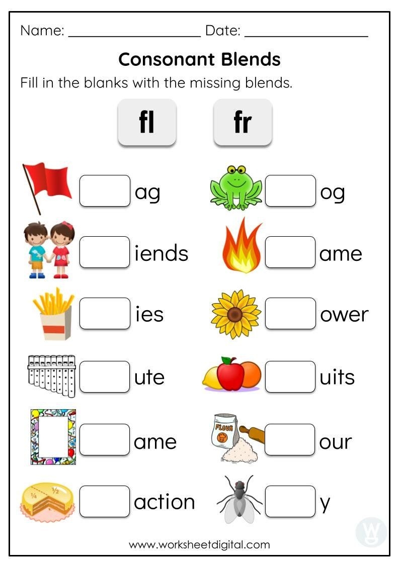 consonant blends worksheets for kindergarten