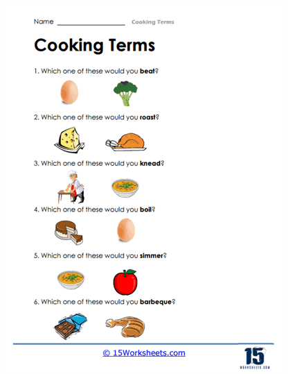 list of cooking words worksheet