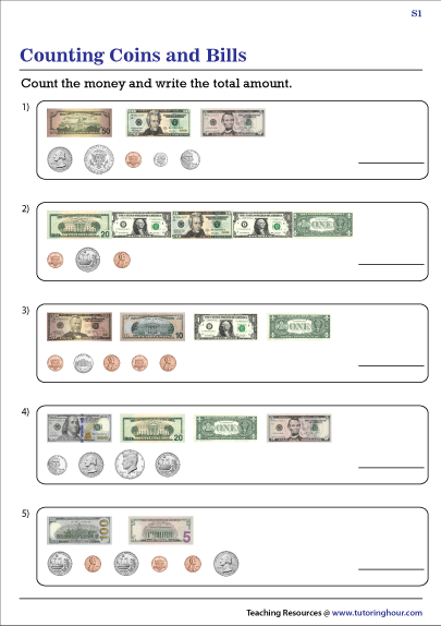 Counting U S Coins And Bills Worksheets