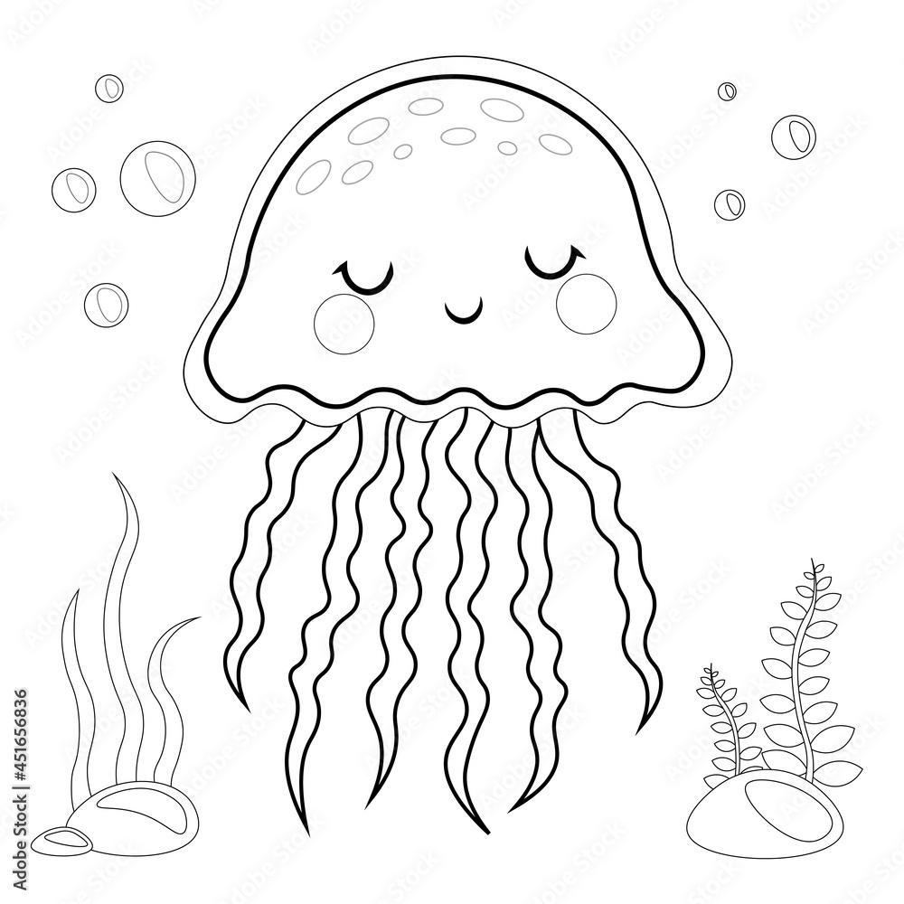 Cute Jellyfish Coloring Page Vector Illustration Isolated On White