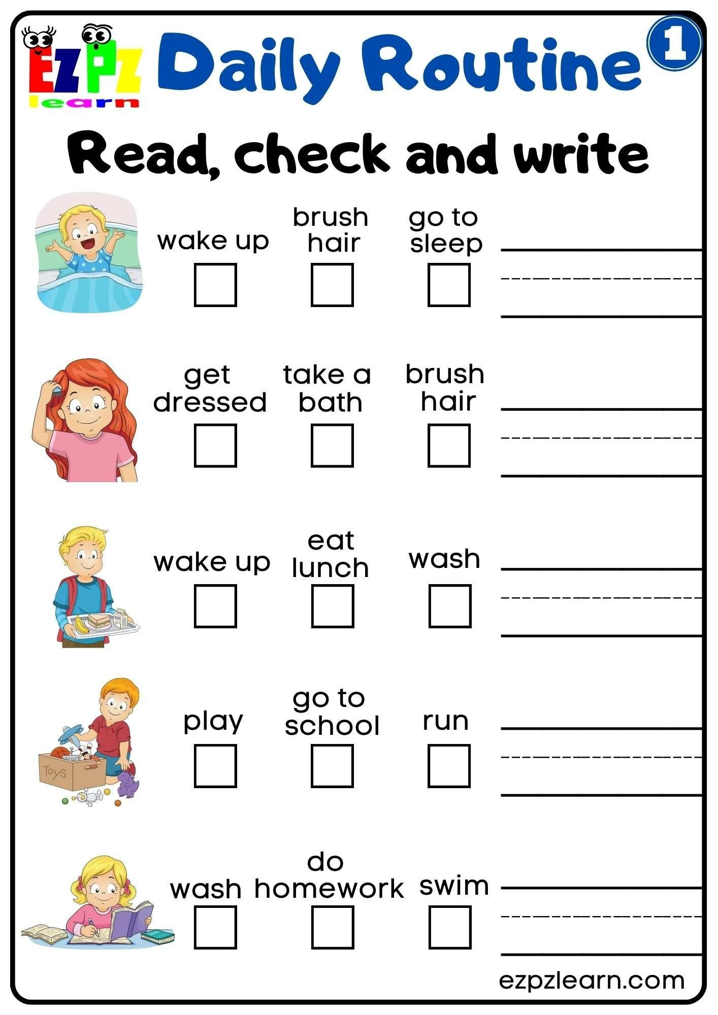 Daily Routines Group 1 Read Check And Write Worksheet For K5 And ESL