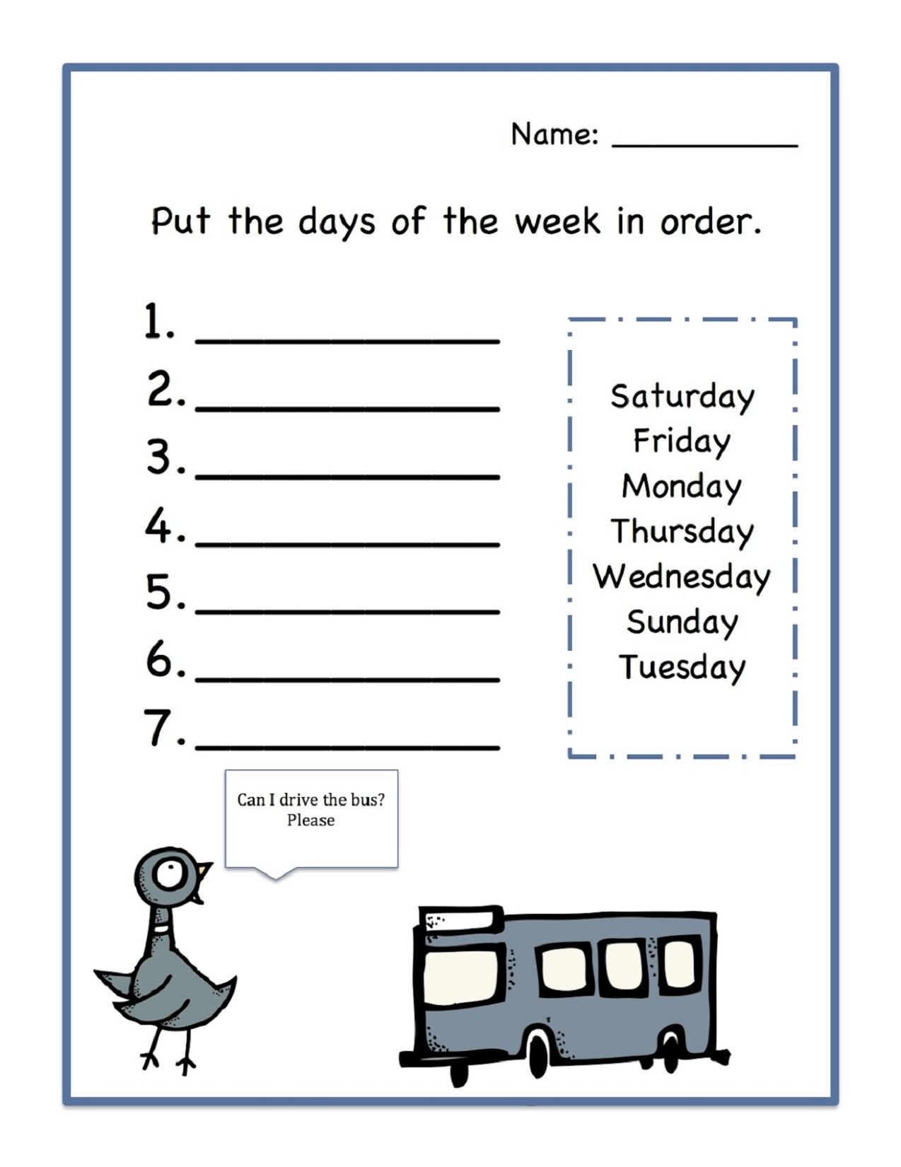 days in a week worksheets