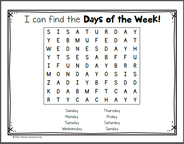 free days of the week worksheets