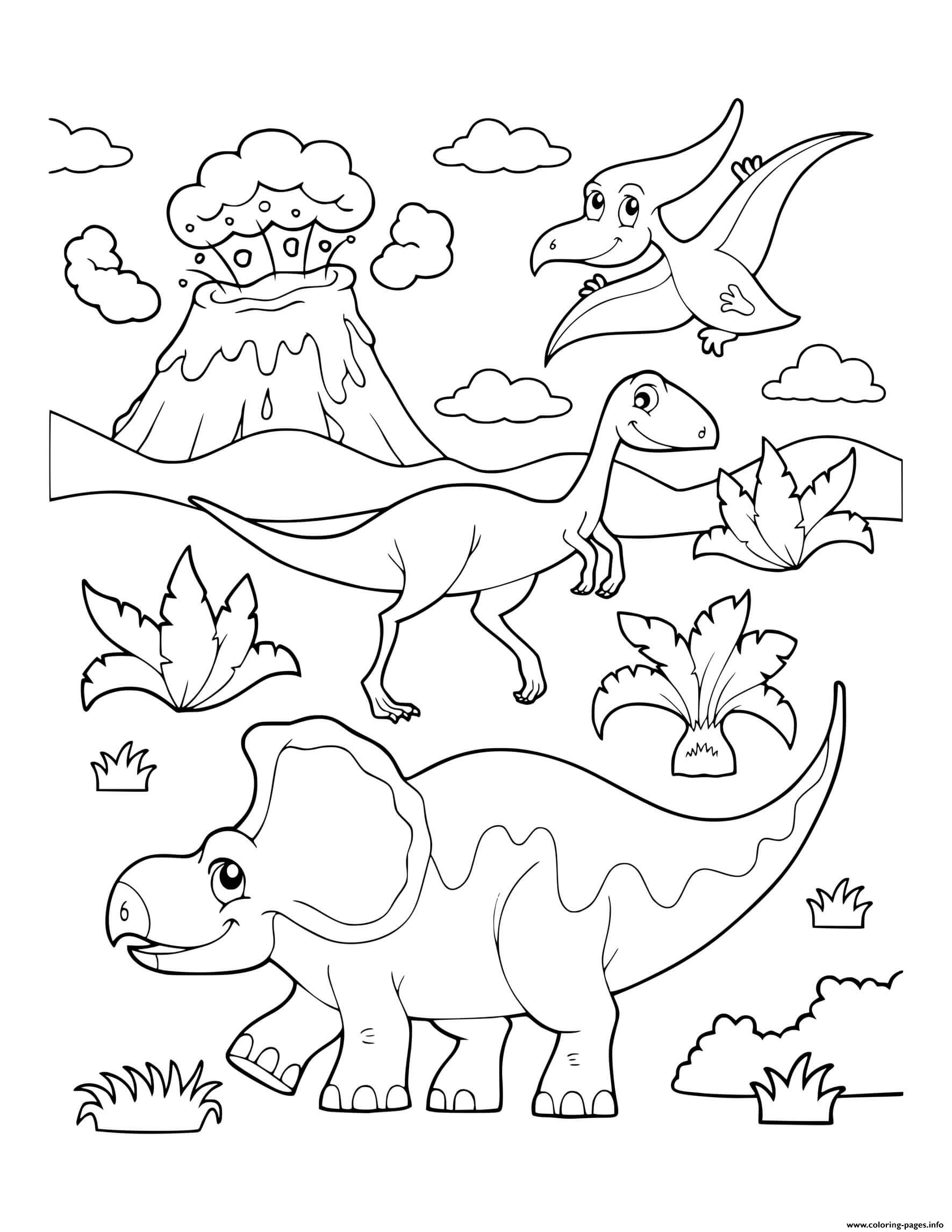 Dinosaur Prehistoric Dinosaur Scene Erupting Volcano Coloring Page 