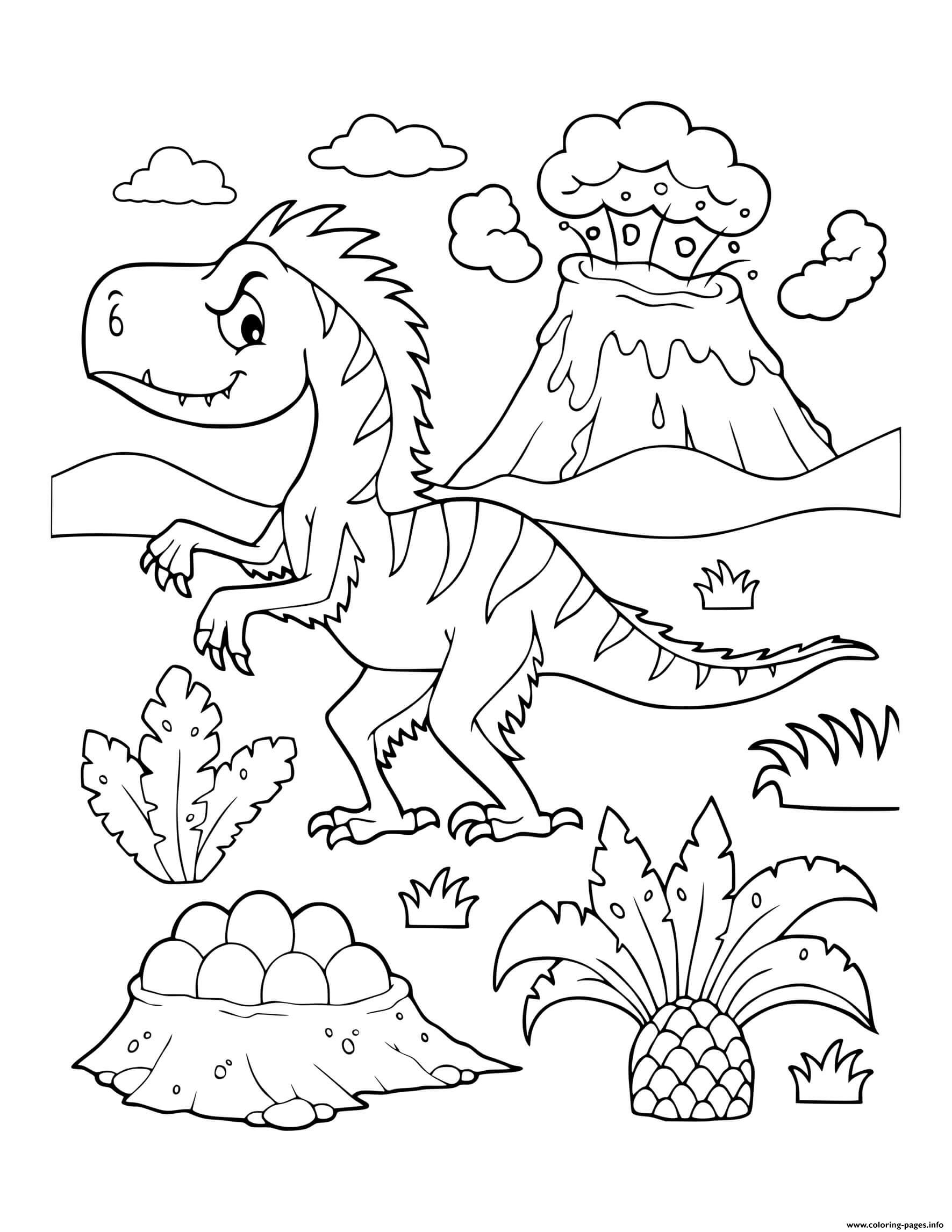 Dinosaur Prehistoric Feathered Dinosaur Erupting Volcano Coloring Page 