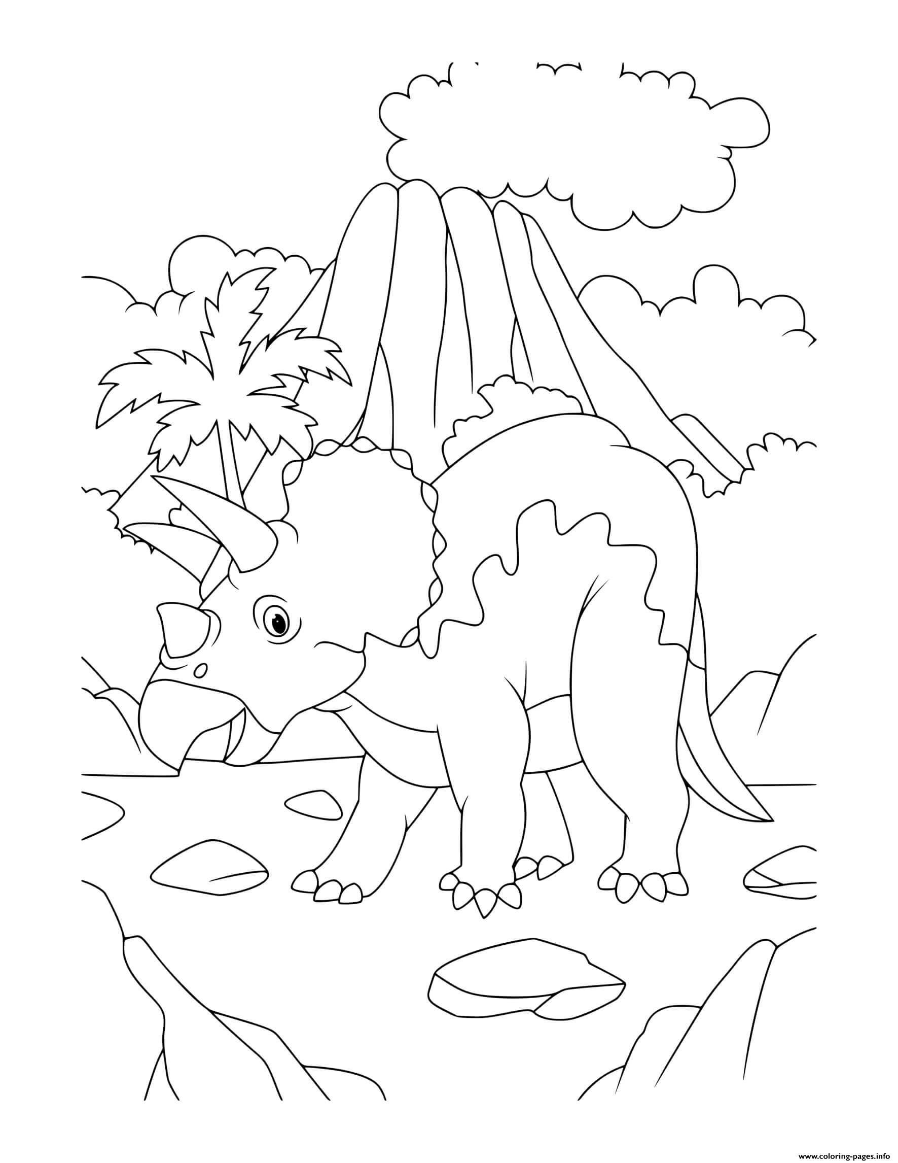 Dinosaur Triceratops Volcano Coloring Page Printable