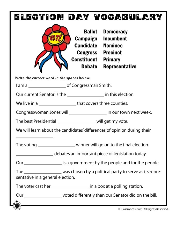 Election Day Vocabulary Worksheet Woo Jr Kids Activities Children