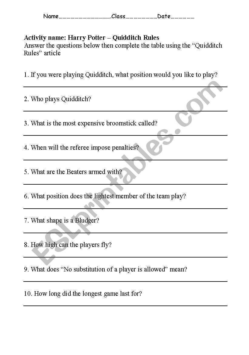 English Worksheets Quidditch Rules