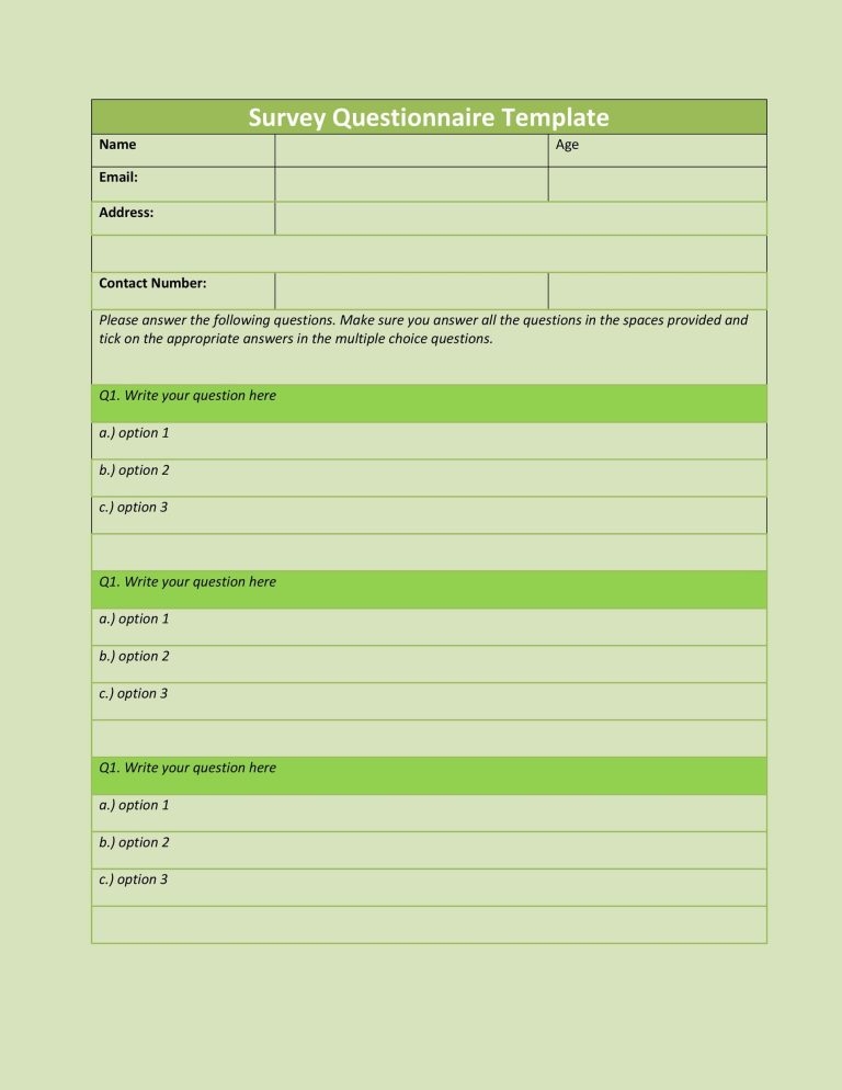 Example Of Printable Questionnaire Template Templateral
