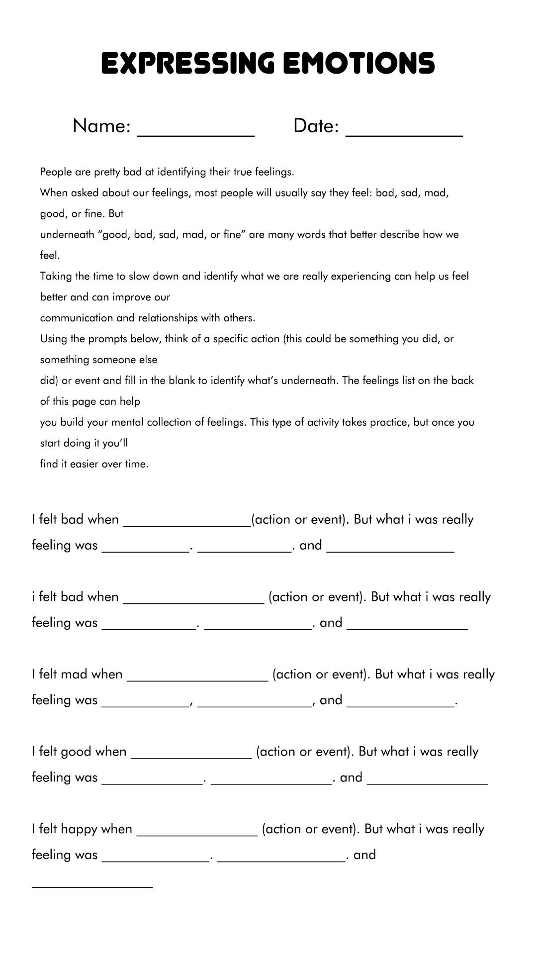 Expressing Feelings Worksheets For Adults
