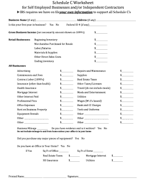 Fillable Online Schedule C Worksheet For Self Employed Businesses And 