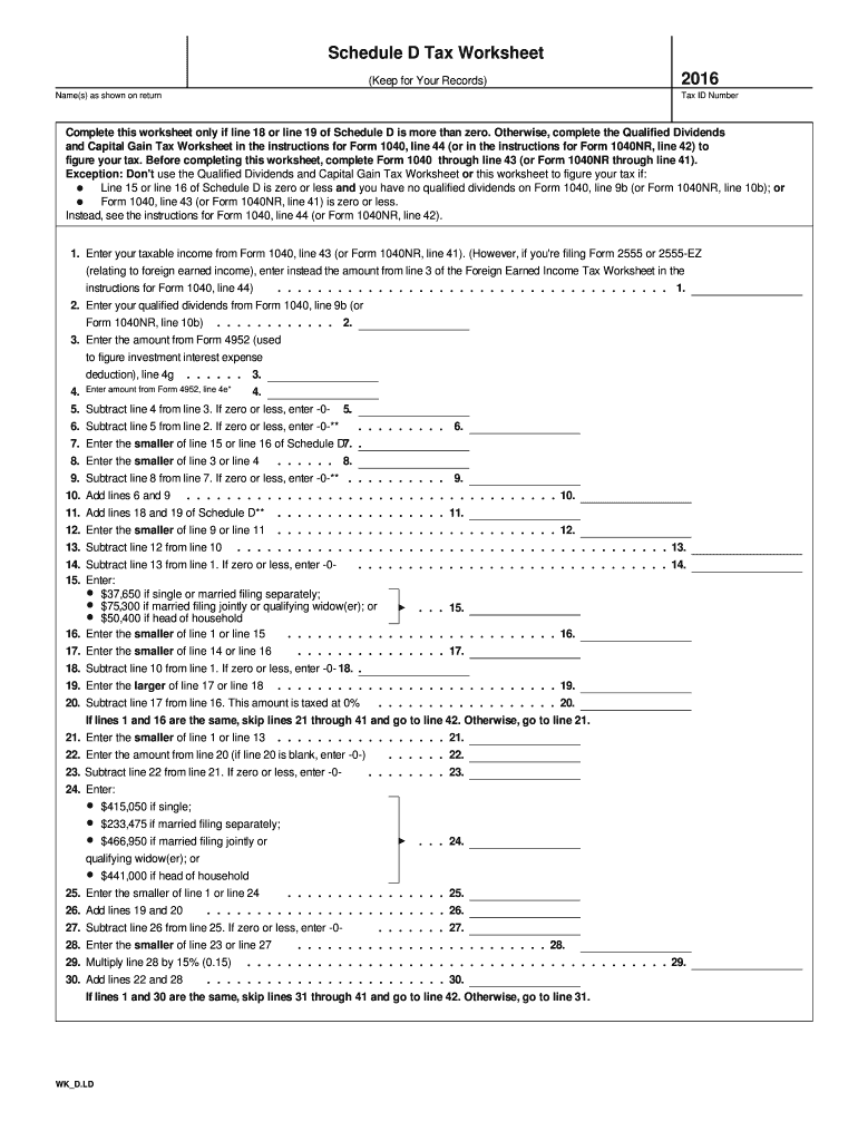 Fillable Online Schedule D Tax Worksheet Fax Email Print PdfFiller