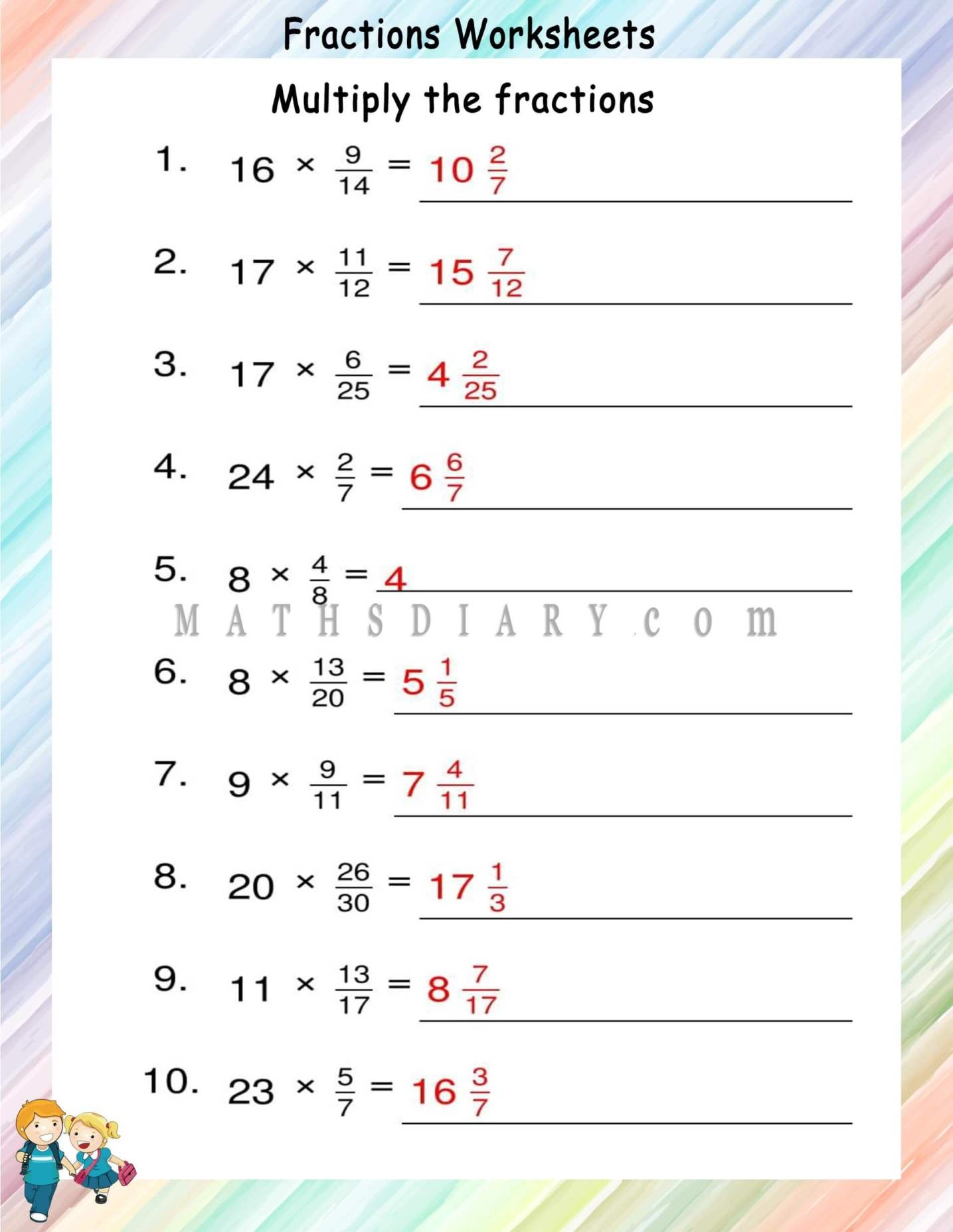 multiply fractions worksheet with answers