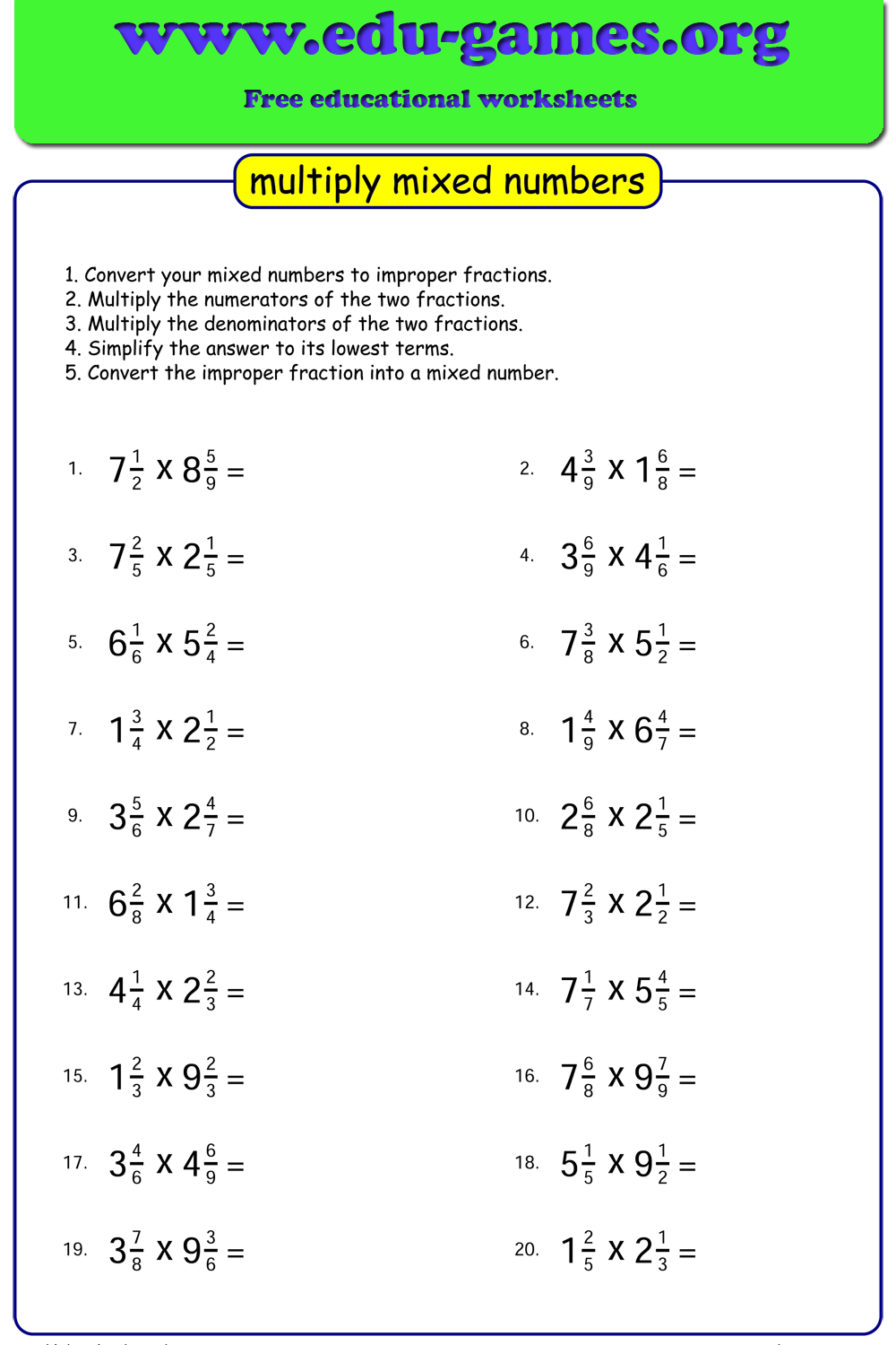 Free Multiplying Mixed Numbers Worksheets Worksheets Library
