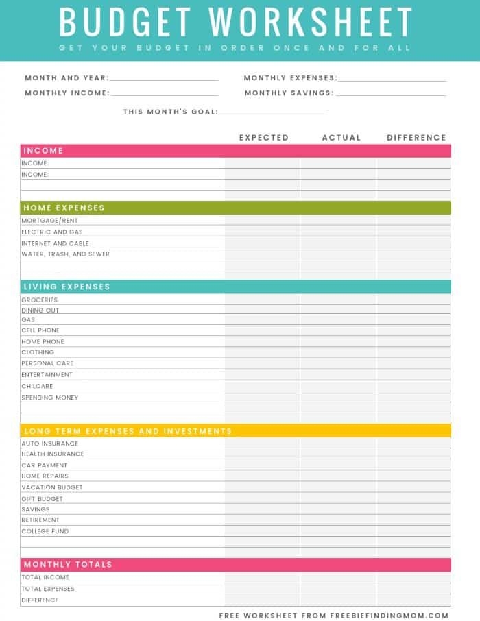 free printable budget worksheets
