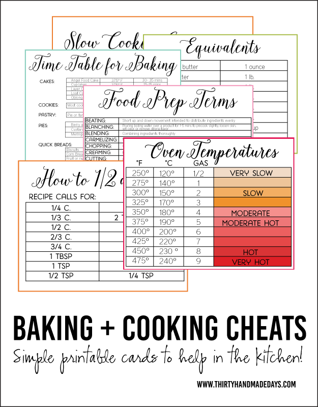 Free Printable Cooking And Baking Cheat Sheets