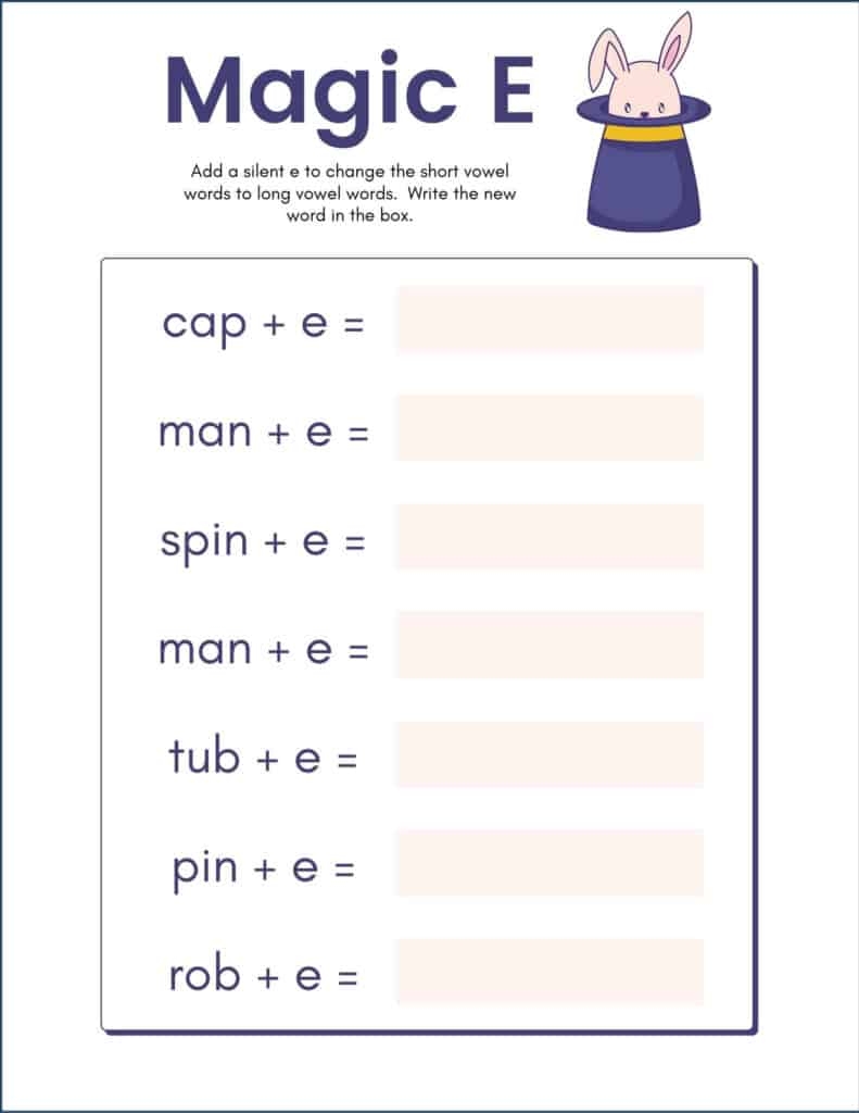 magic e worksheet 1st grade