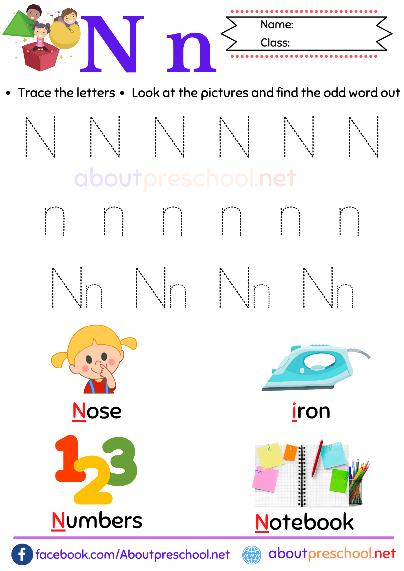 preschool worksheets that begin with n
