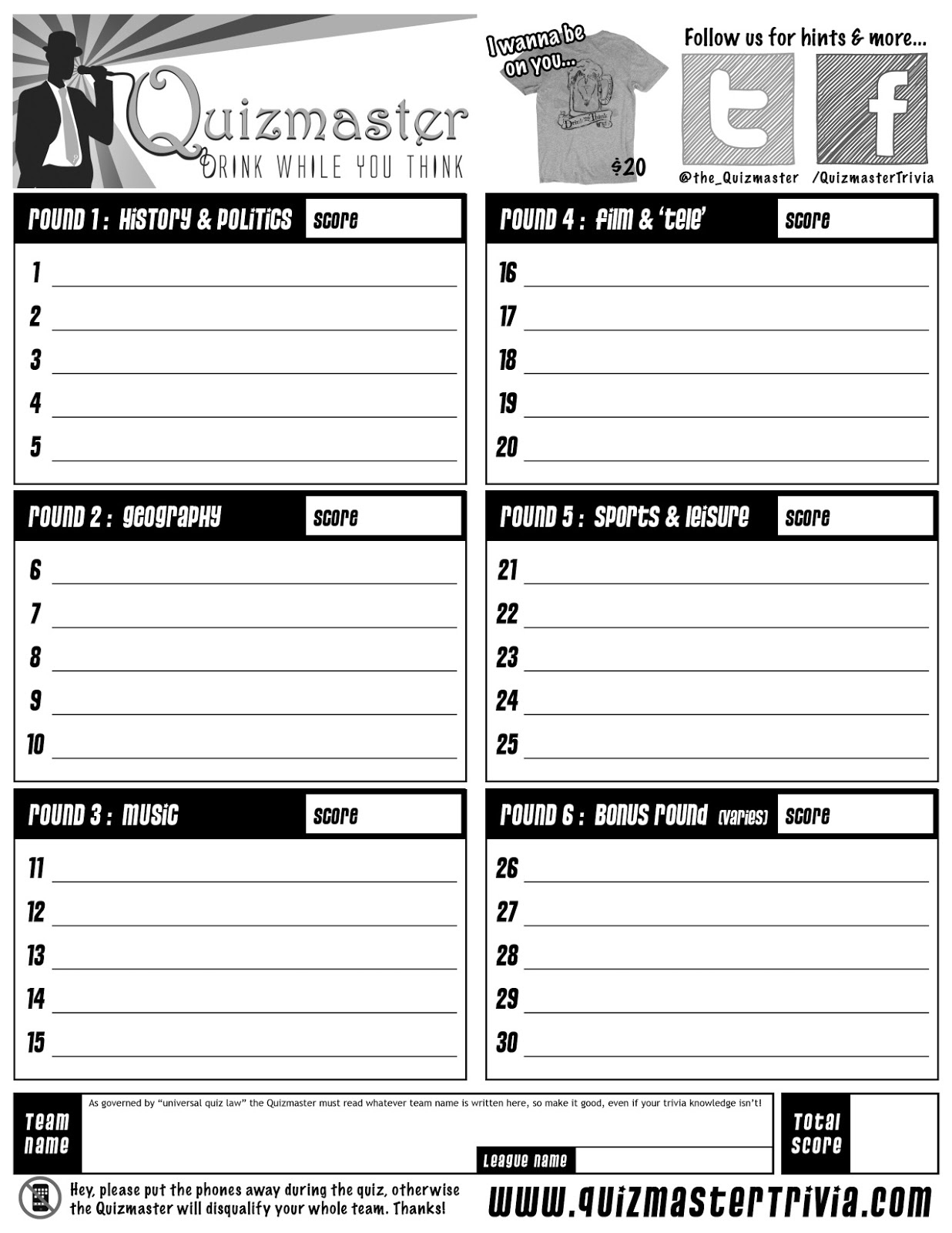 free printable quiz sheet template