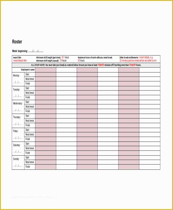 Free Roster Templates Printable Of Sample Roster Template 9 Free 