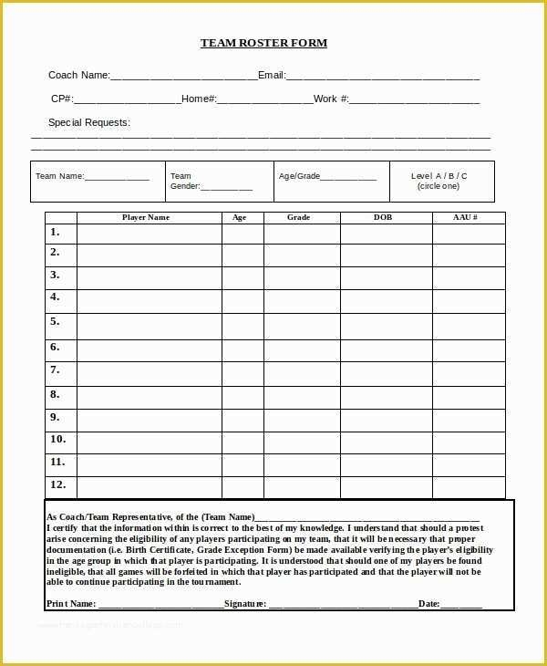 Free Roster Templates Printable Of Sample Roster Template 9 Free 