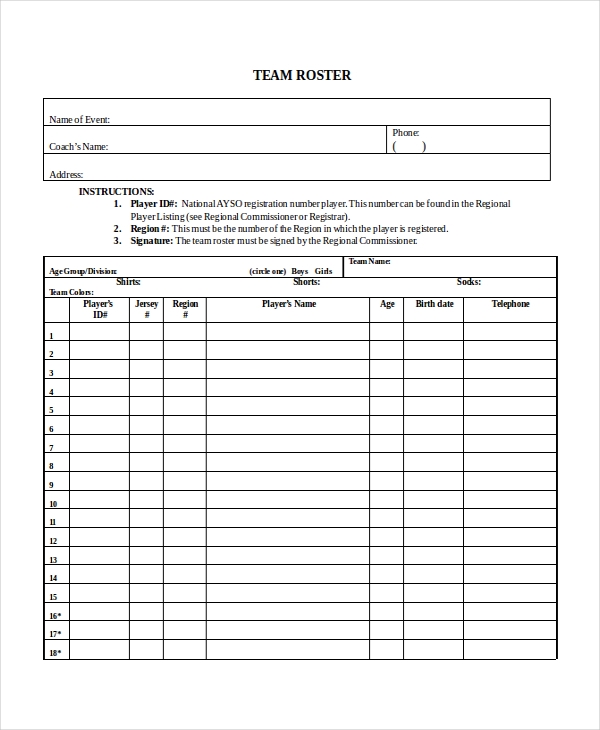 free editable team roster templates