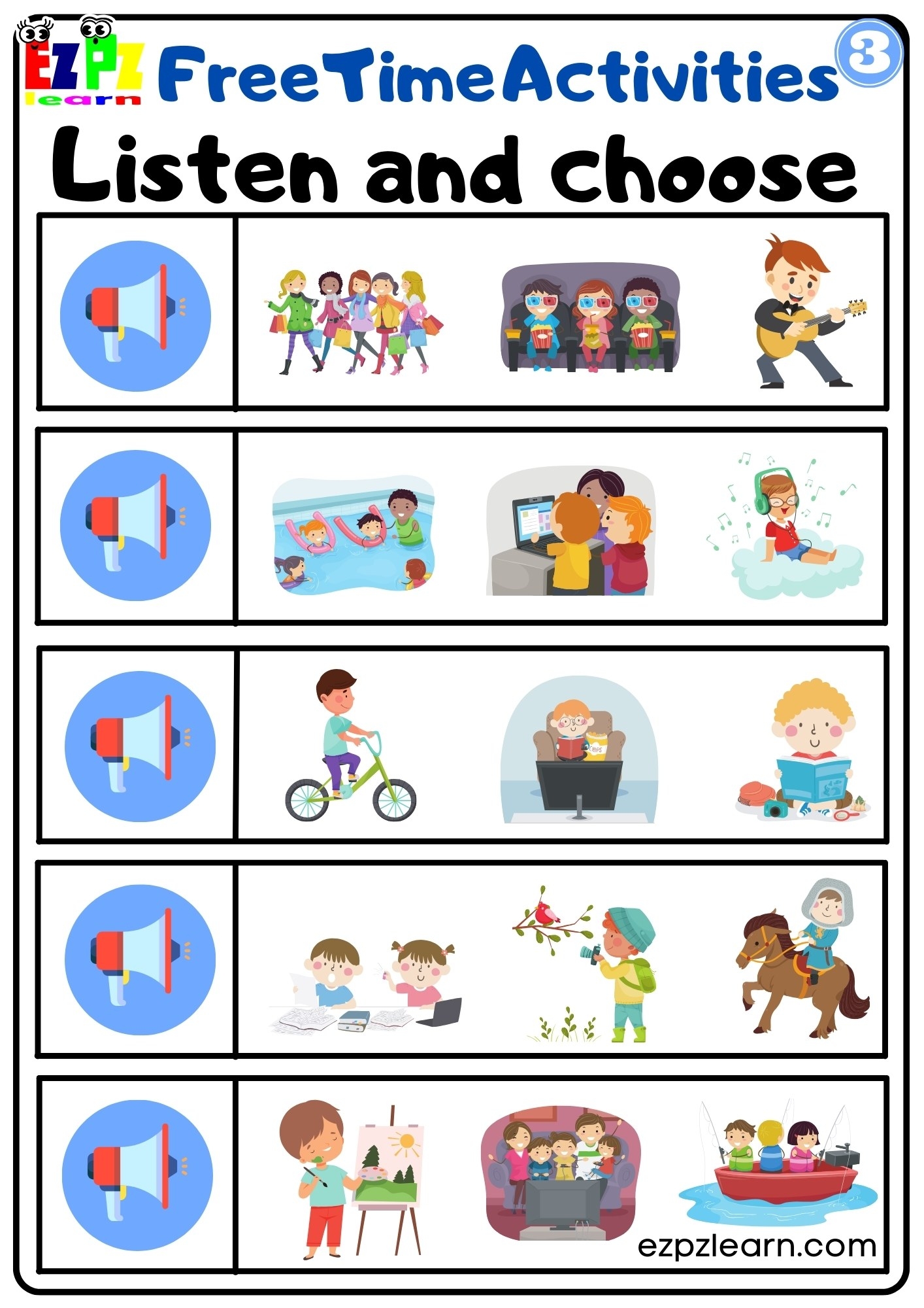 Free Time Activities Interactive Worksheet Listen And Choose The 